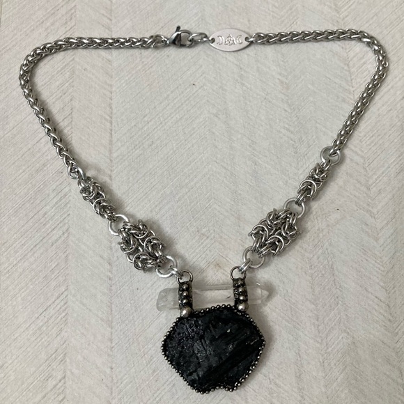 Natural black tourmaline & clear crystal quartz charm boho goth maille necklace - Picture 8 of 13
